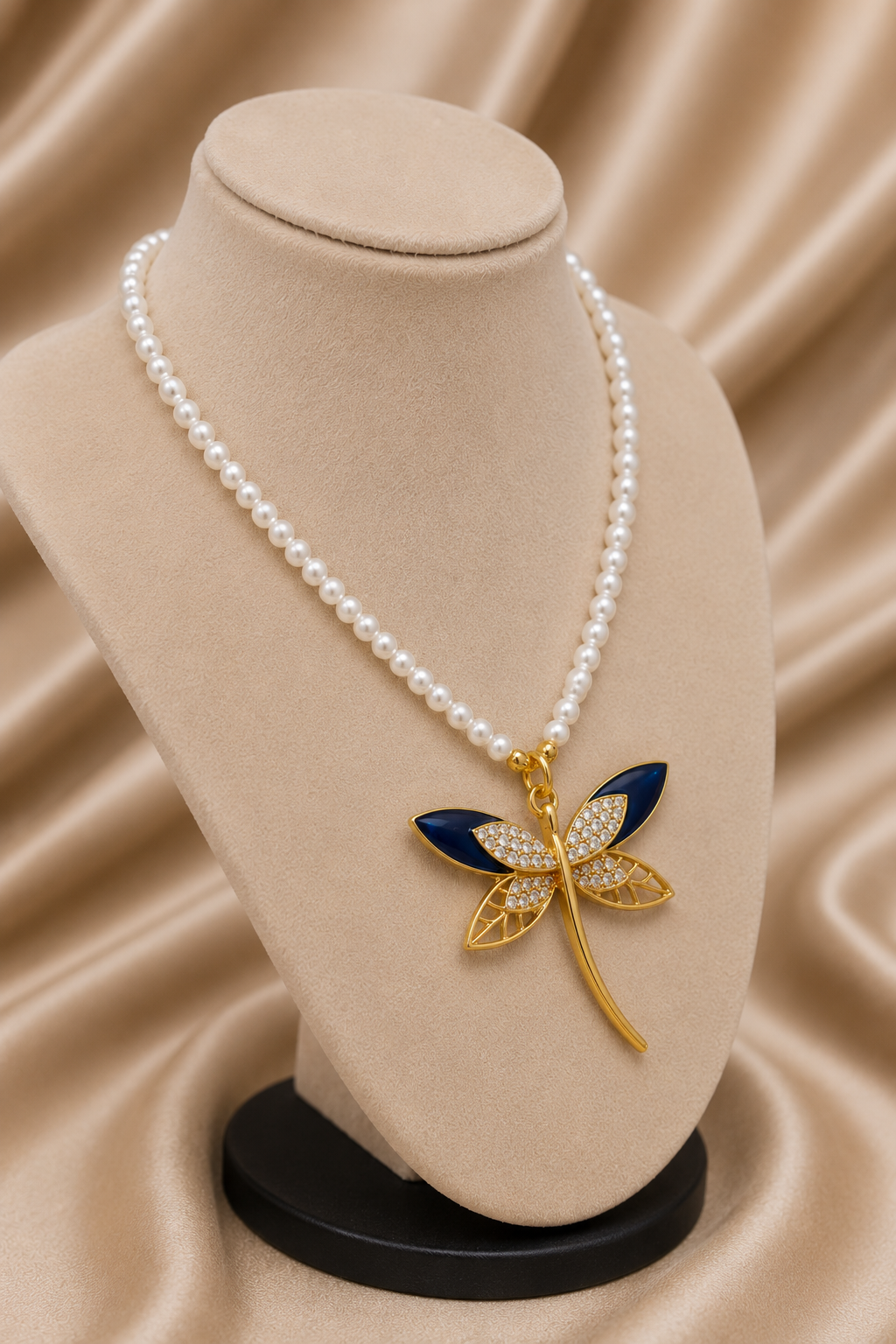 Gold-Tone Blue Enamel Dragonfly Pearl Necklace Set with CZ Earrings