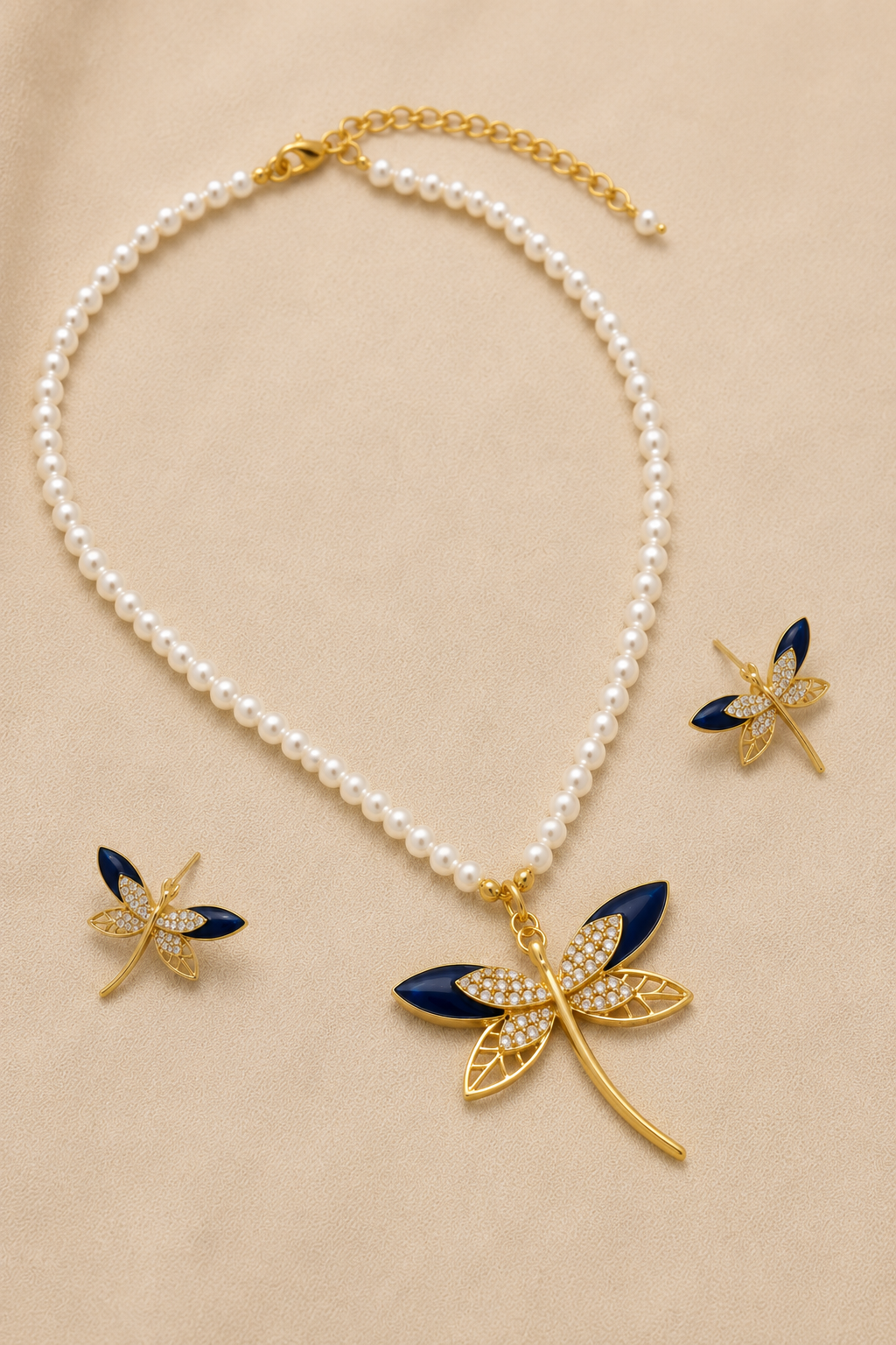Gold-Tone Blue Enamel Dragonfly Pearl Necklace Set with CZ Earrings
