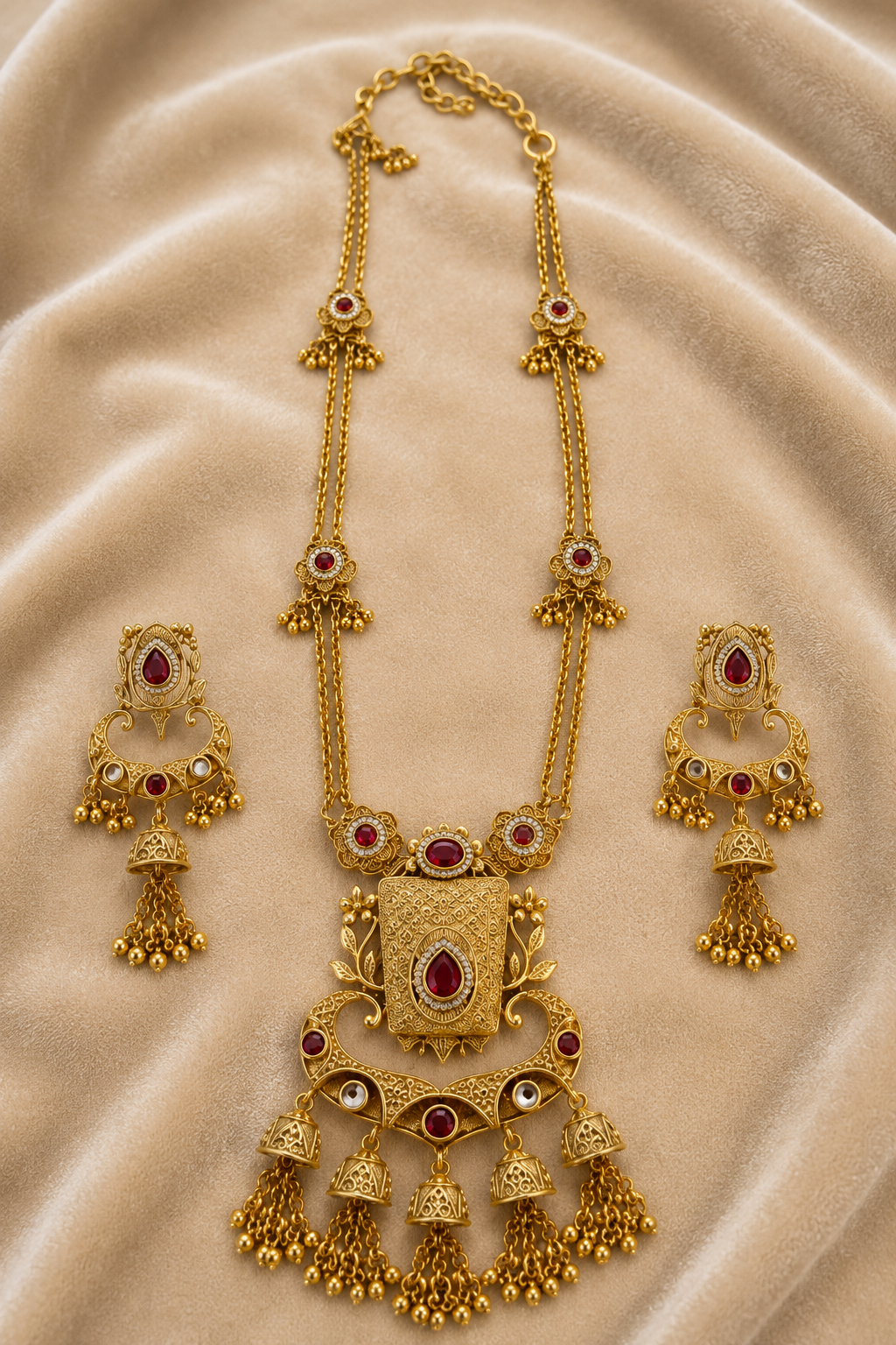 Gold-Tone Anti-Tarnish Traditional Temple Long Pendant Necklace Set with Red & Green Stones