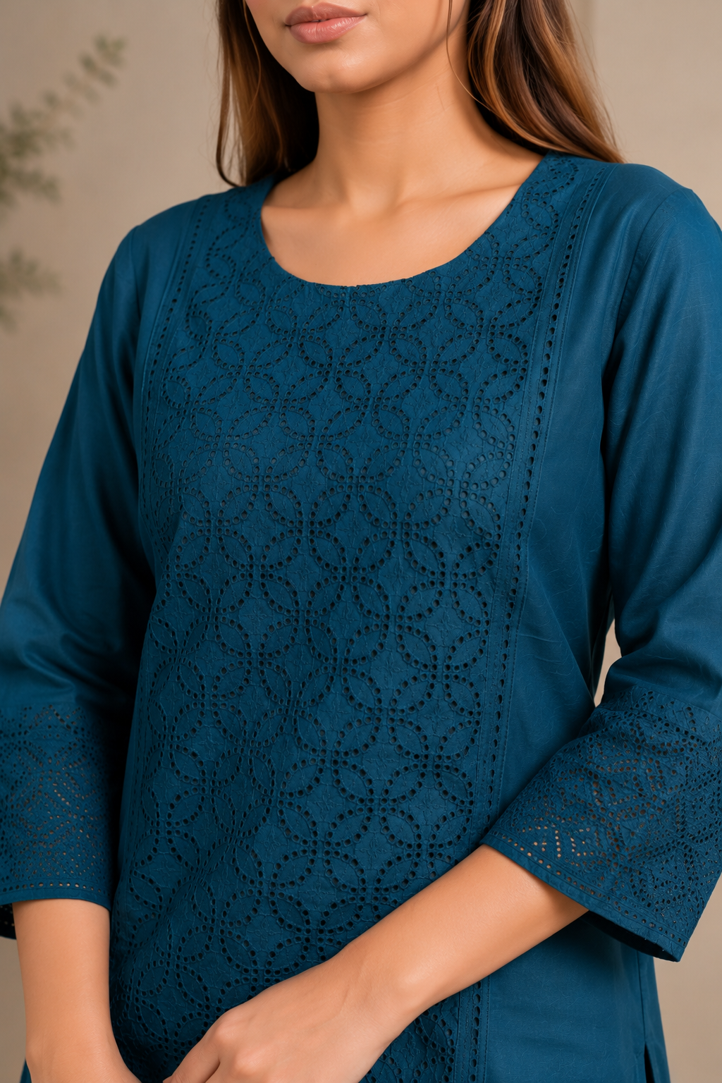 Royal Blue Cotton Kurta Set with All-Over Schiffli Embroidery