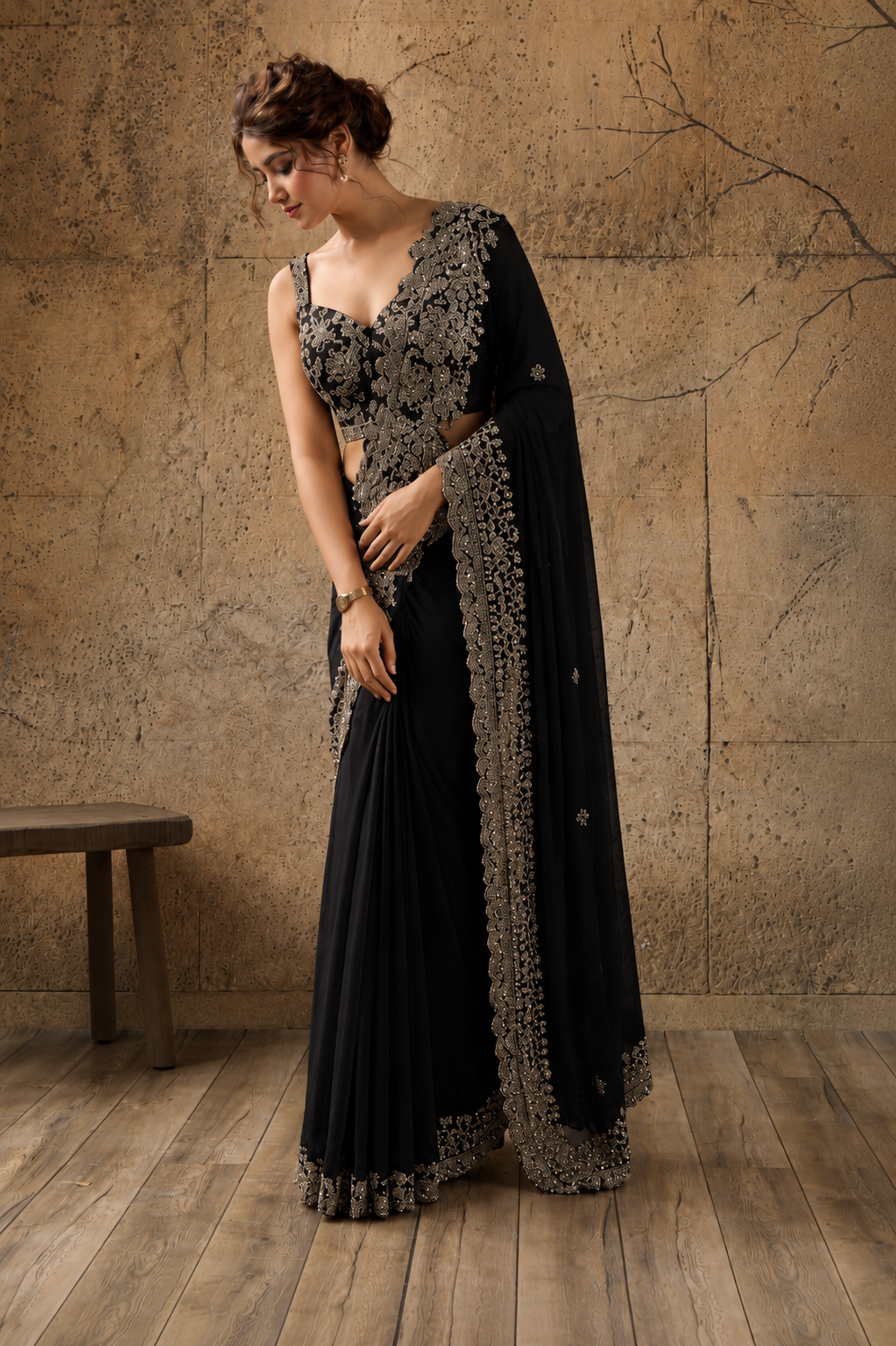 Black Lycra Pre-Draped Saree with Floral Embroidered Ready To Wear Blouse
