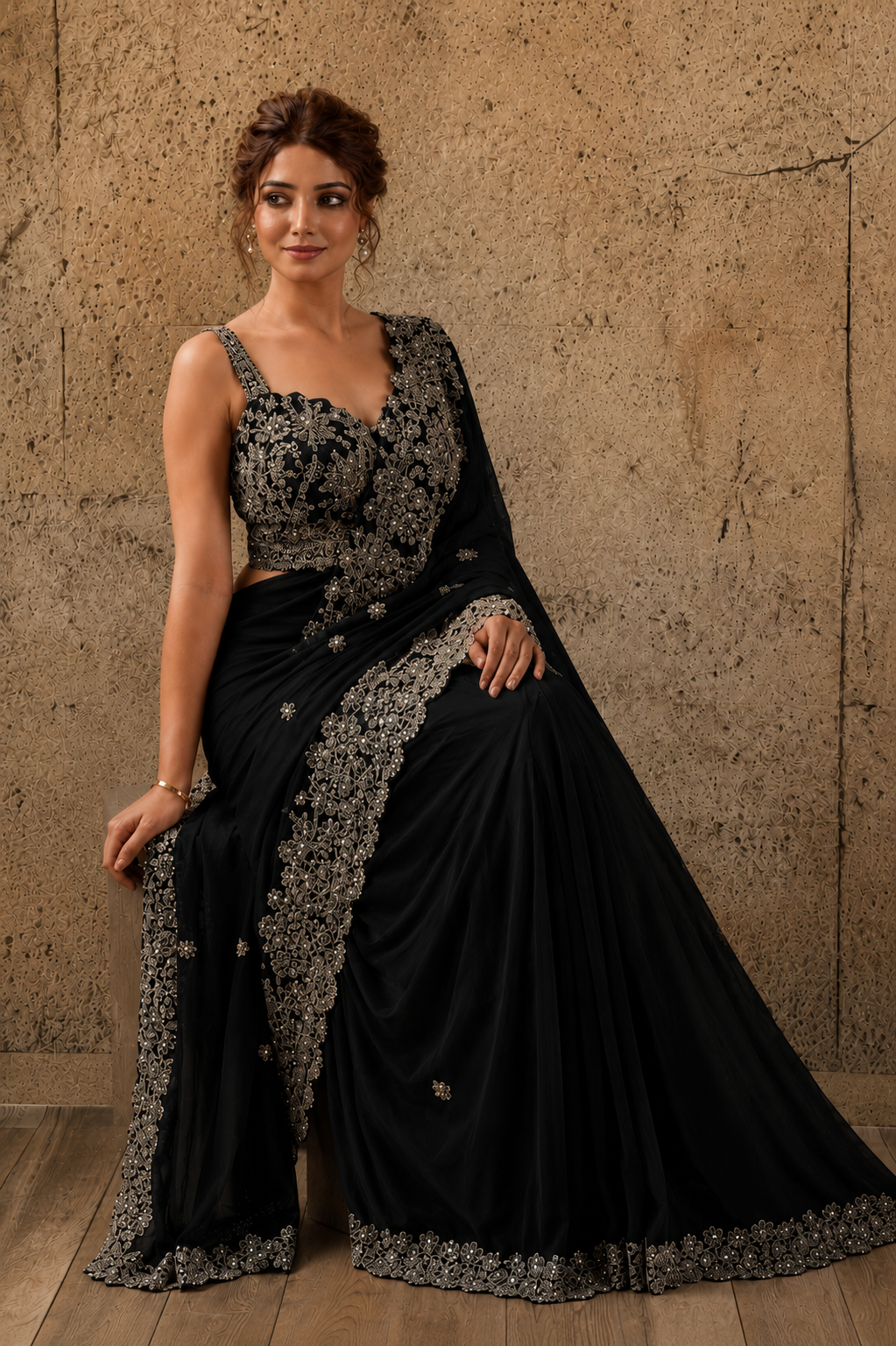 Black Lycra Pre-Draped Saree with Floral Embroidered Ready To Wear Blouse