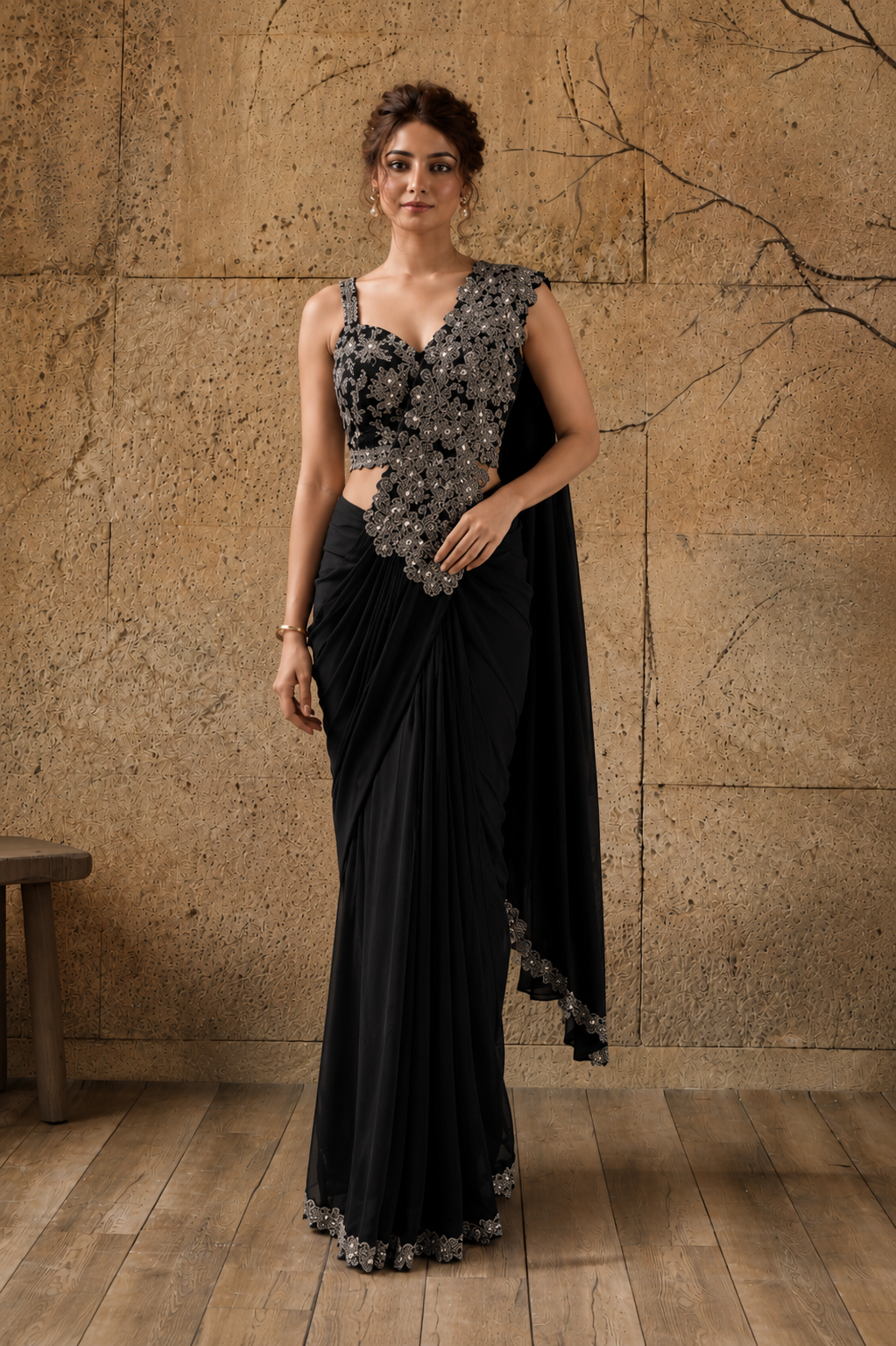 Black Lycra Pre-Draped Saree with Floral Embroidered Ready To Wear Blouse