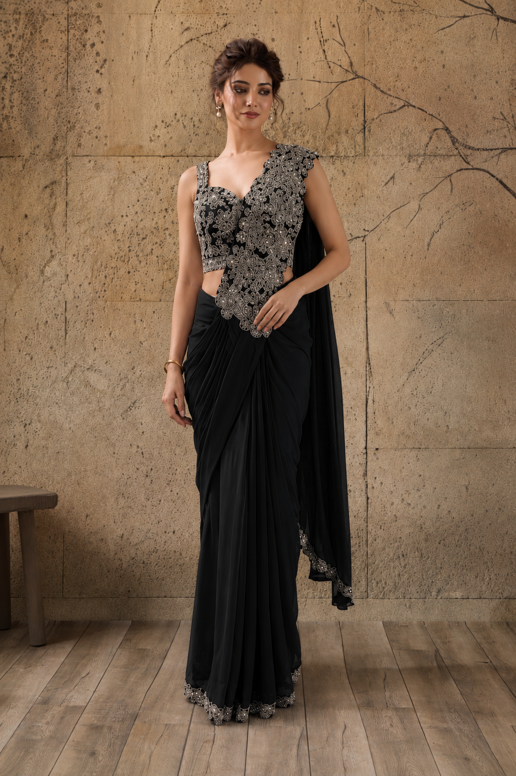 Black Lycra Pre-Draped Saree with Floral Embroidered Ready To Wear Blouse