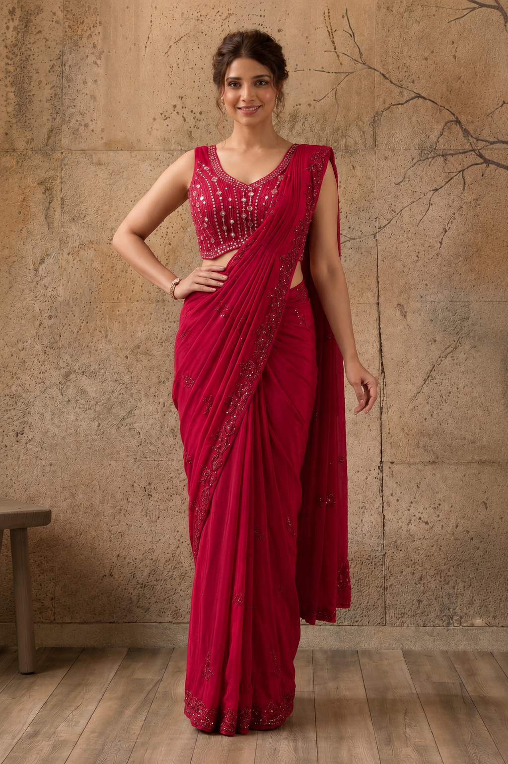 Red Lycra Pre-Draped Saree with Sequin Work and Ready to Wear Blouse