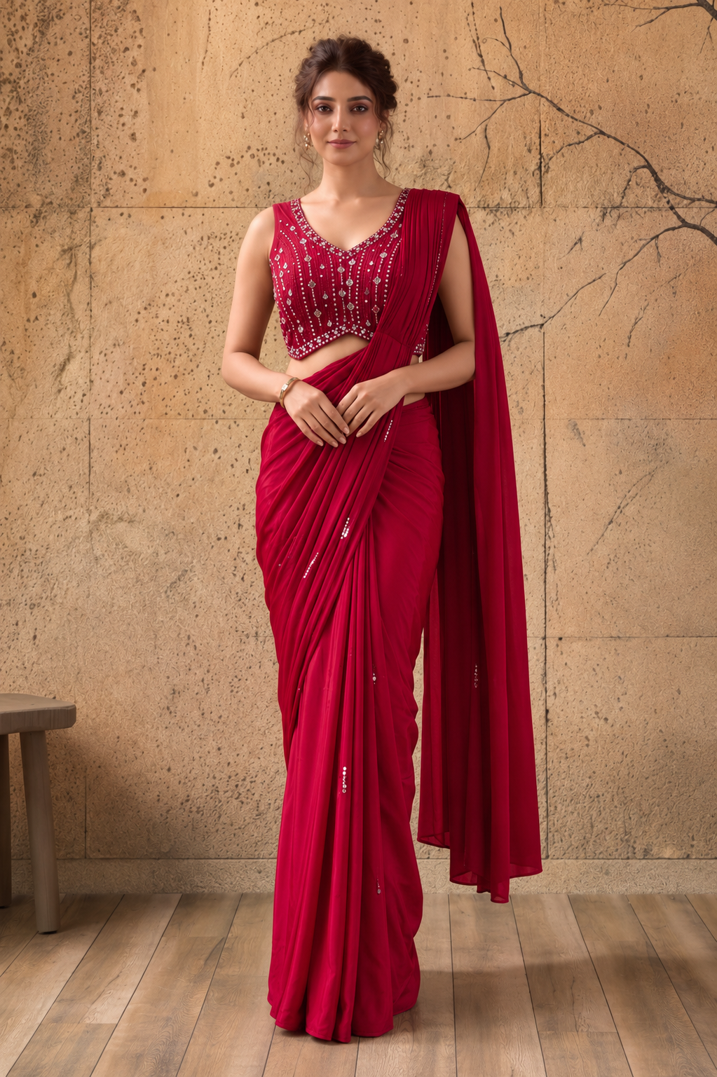 Red Lycra Pre-Draped Saree with Sequin Work and Ready to Wear Blouse