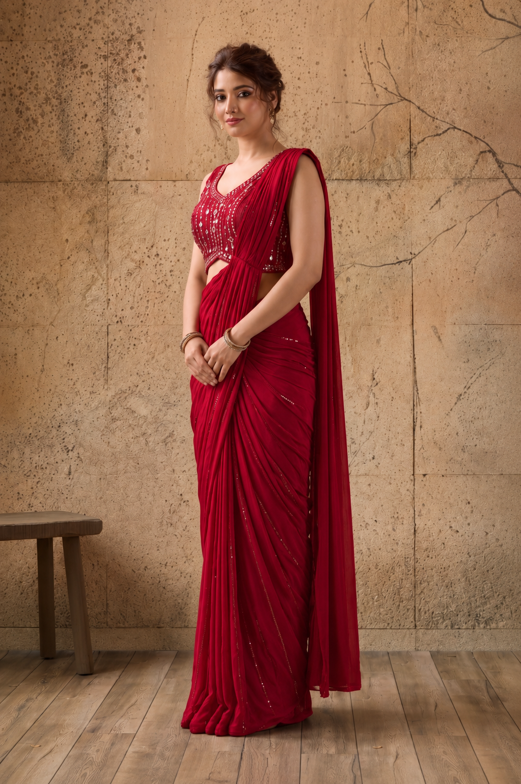 Red Lycra Pre-Draped Saree with Sequin Work and Ready to Wear Blouse