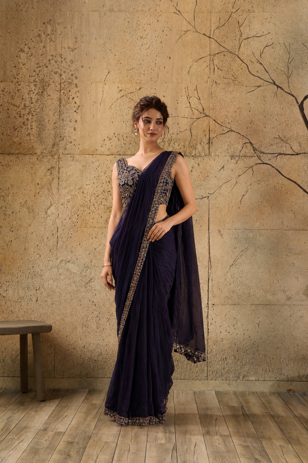 Black Georgette Pre-Draped Saree with Embroidered Border With Ready To Wear Blouse