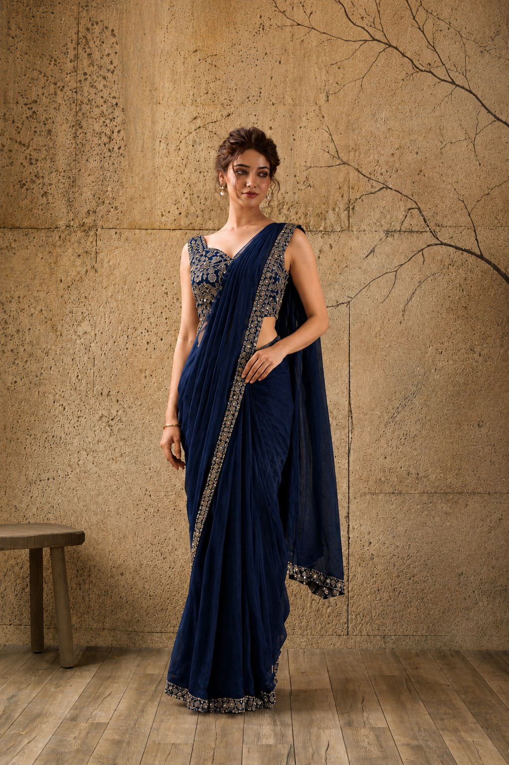 Navy Blue Georgette Pre-Draped Saree with Embroidered Border With Ready To Wear Blouse