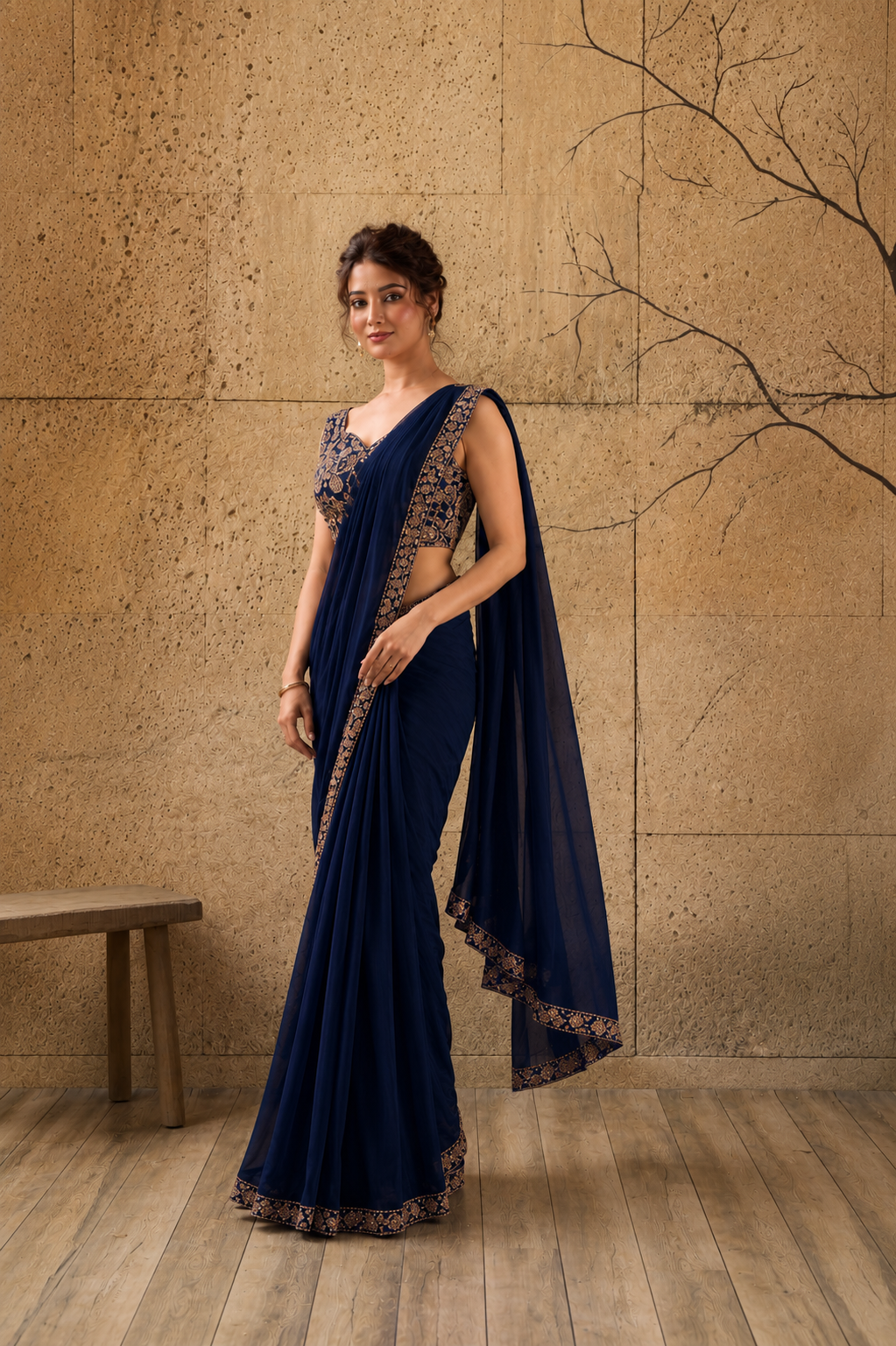 Navy Blue Georgette Pre-Draped Saree with Embroidered Border With Ready To Wear Blouse