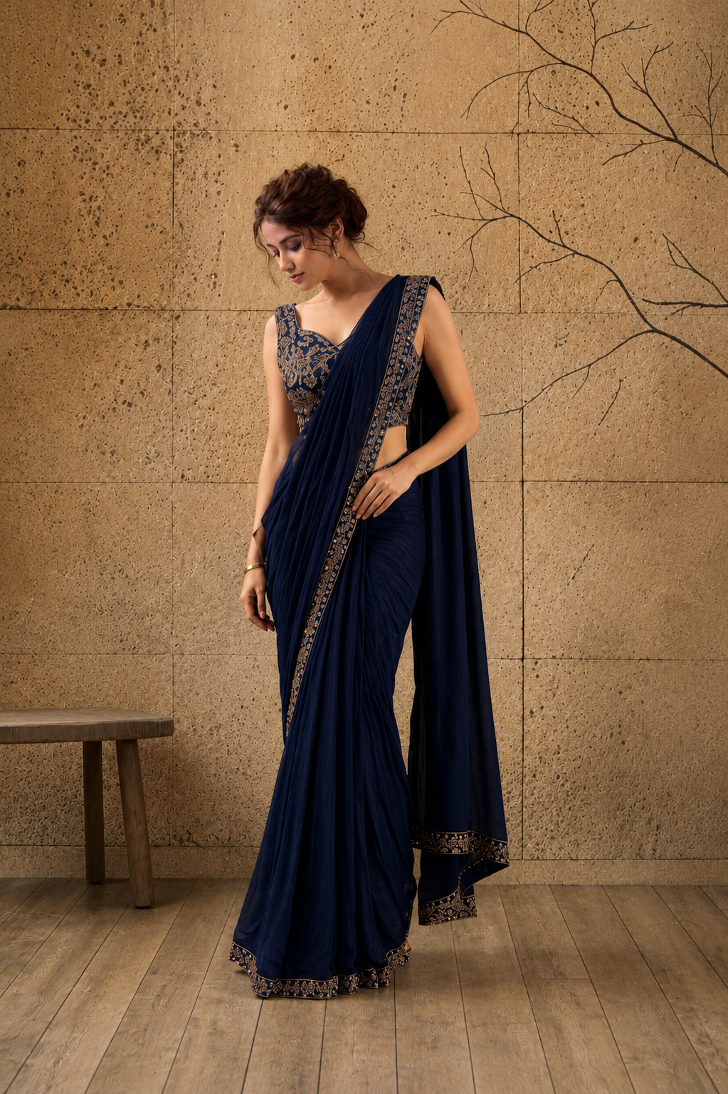 Navy Blue Georgette Pre-Draped Saree with Embroidered Border With Ready To Wear Blouse
