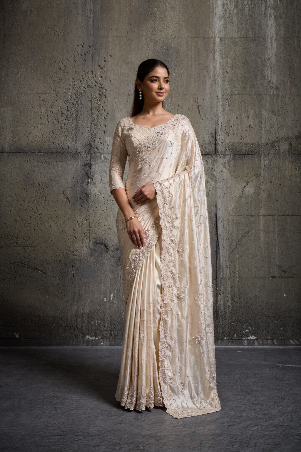 Light Golden Cream Silk Saree with Hand Embroidery With Stitched Blouse