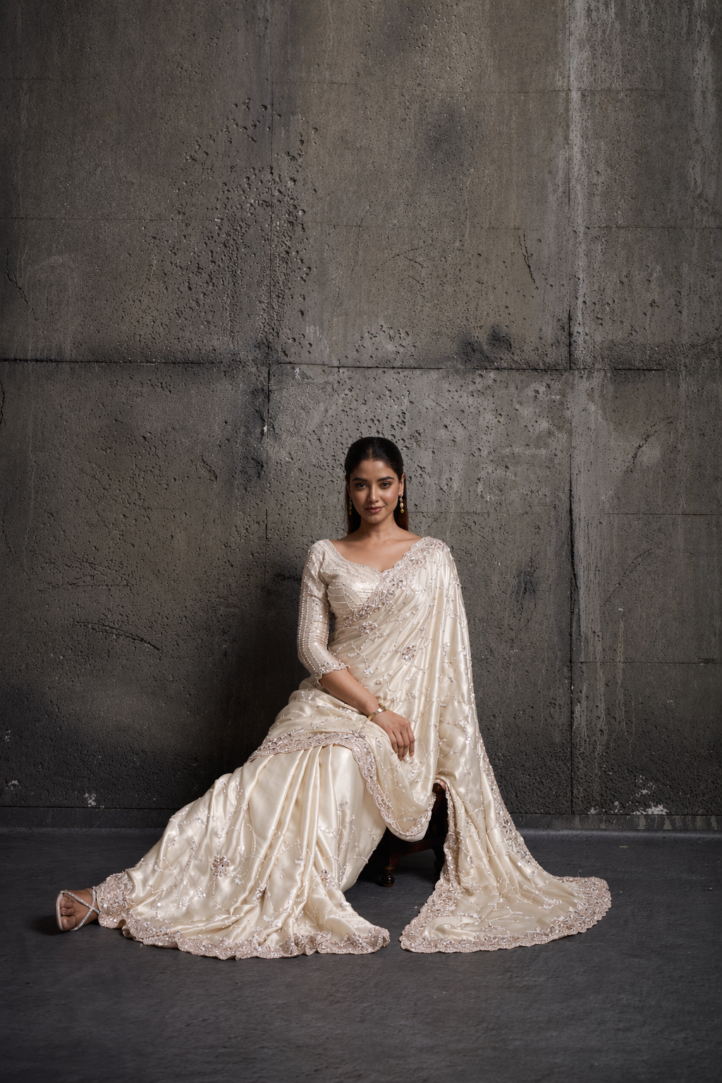 Light Golden Cream Silk Saree with Hand Embroidery With Stitched Blouse