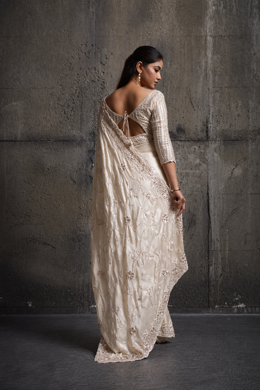 Light Golden Cream Silk Saree with Hand Embroidery With Stitched Blouse