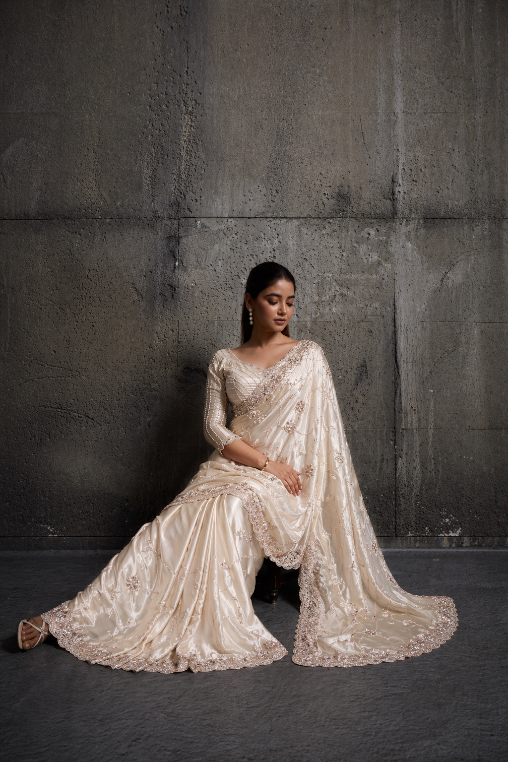 Light Golden Cream Silk Saree with Hand Embroidery With Stitched Blouse