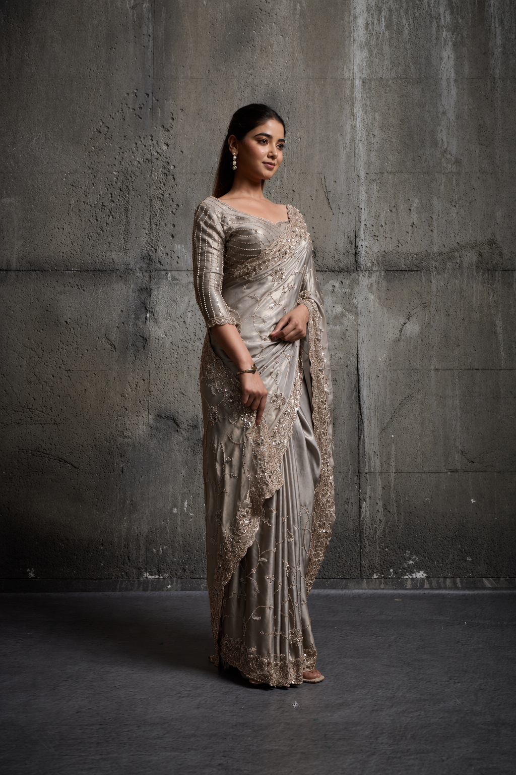 Golden Gray Silk Saree with Hand EmbroideryWith Stitched Blouse