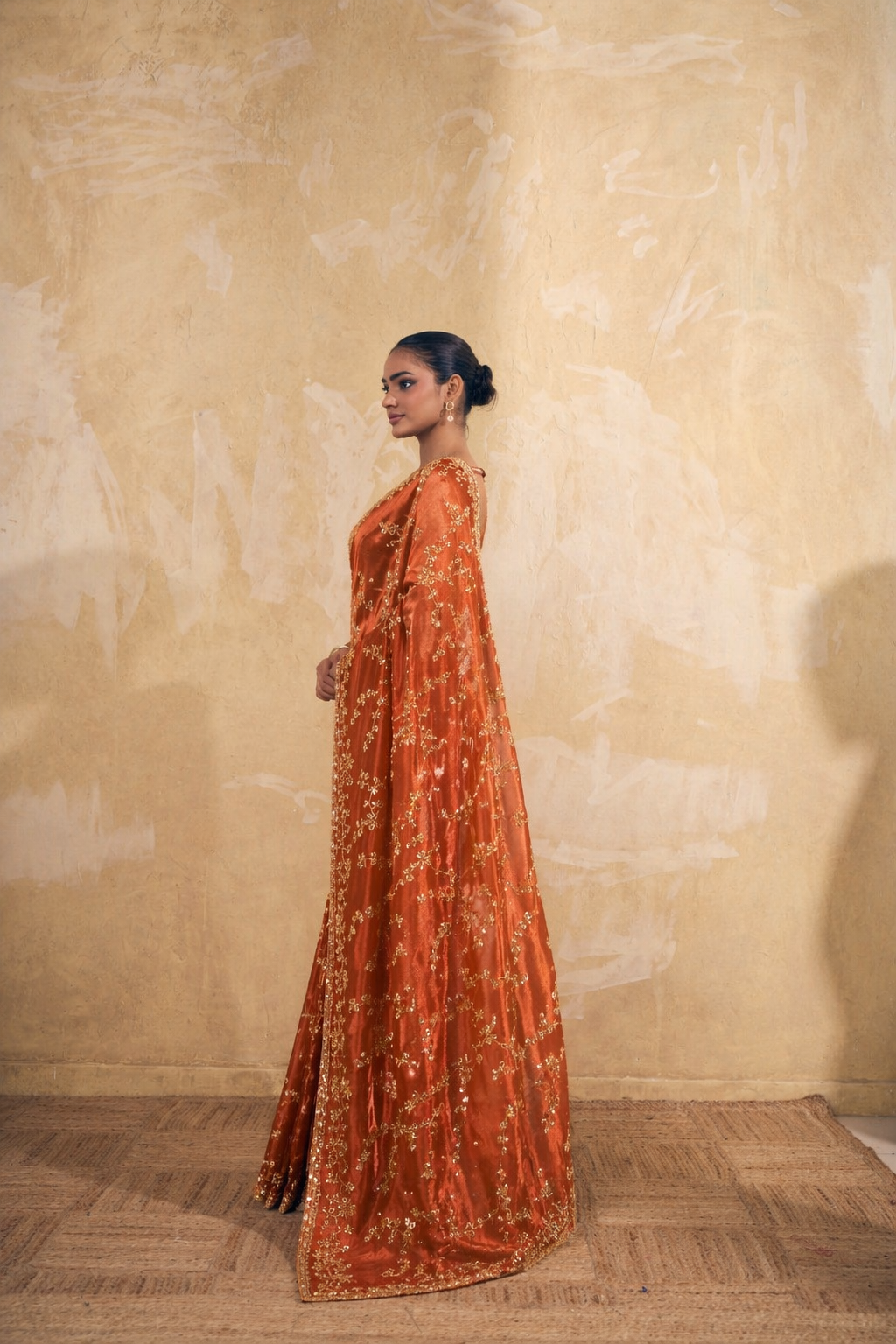 Rusty Orange Organza Silk Saree with Hand Embriodery with Stitched Blouse