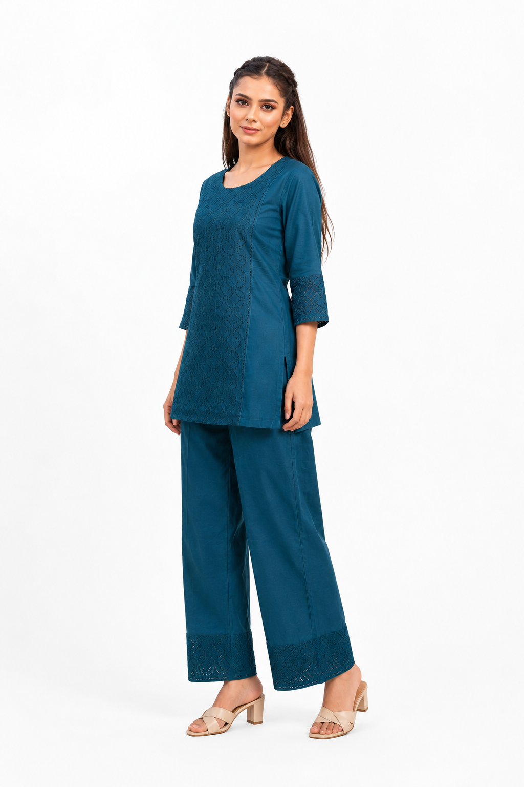 Royal Blue Cotton Kurta Set with All-Over Schiffli Embroidery