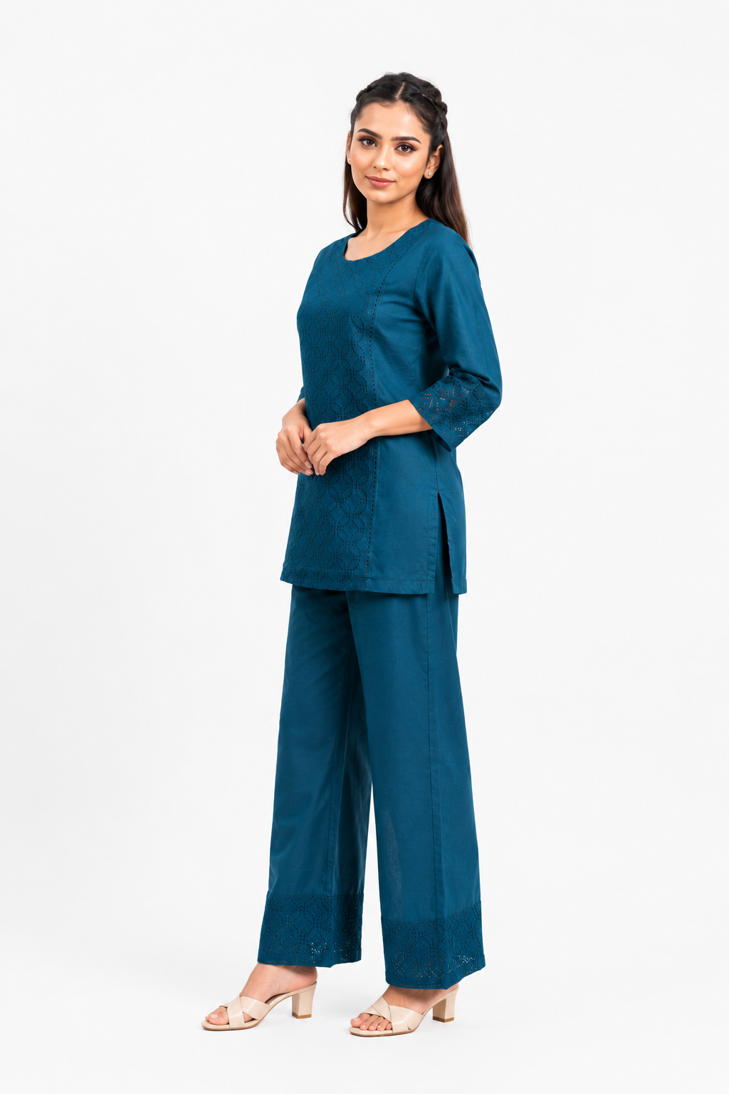 Royal Blue Cotton Kurta Set with All-Over Schiffli Embroidery