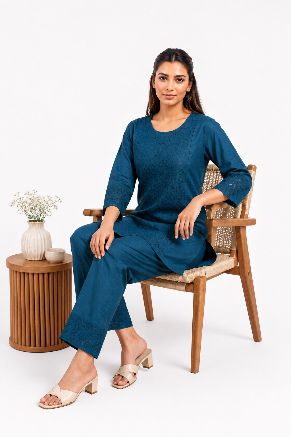 Royal Blue Cotton Kurta Set with All-Over Schiffli Embroidery
