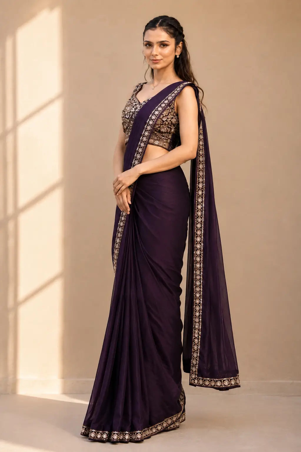 Dark Purple Lycra Pre-Draped Saree with Embroidered Border With Designer Ready To Wear Blouse