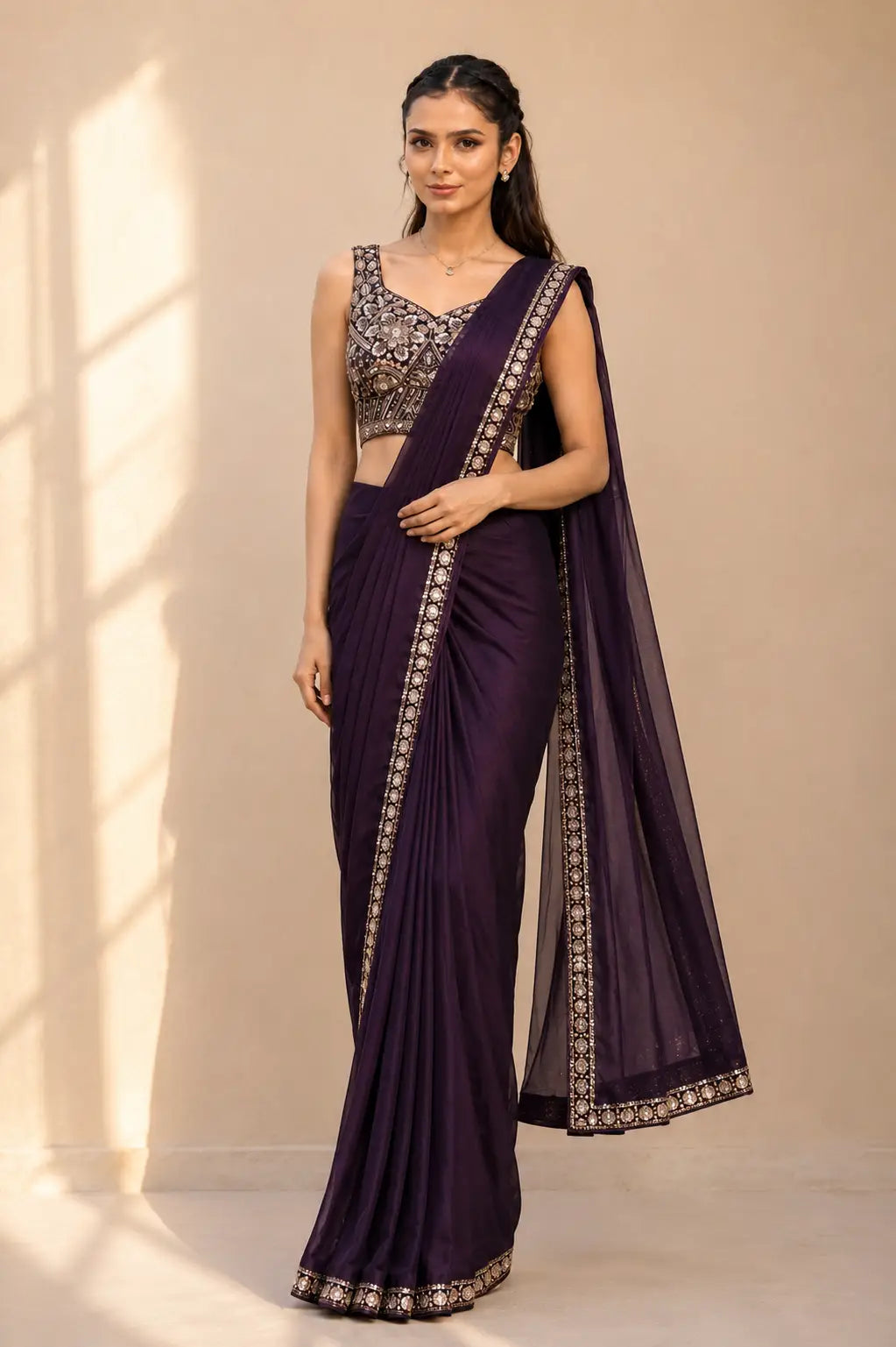 Dark Purple Lycra Pre-Draped Saree with Embroidered Border With Designer Ready To Wear Blouse