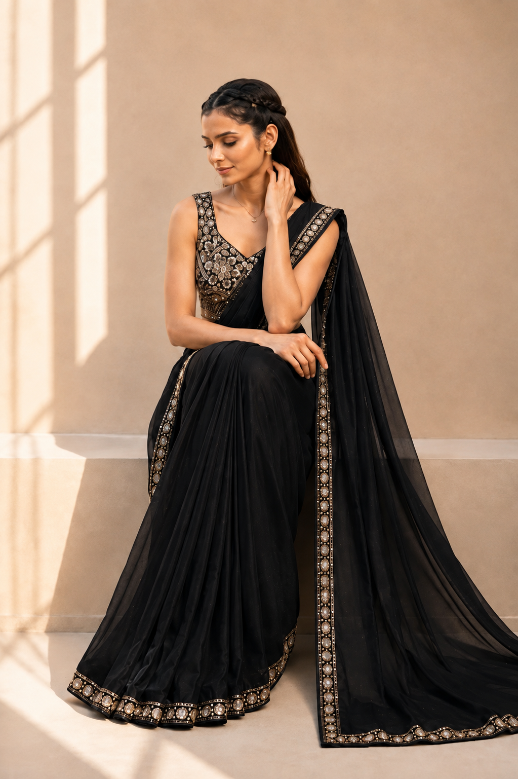 Black Lycra Pre-Draped Saree with Embroidered Border With Ready To Wear Blouse