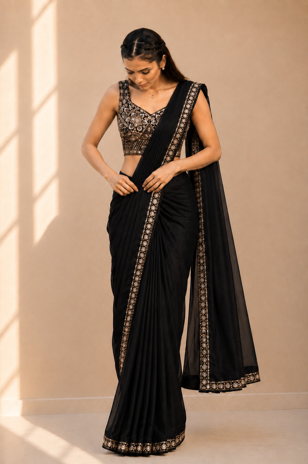Black Lycra Pre-Draped Saree with Embroidered Border With Ready To Wear Blouse
