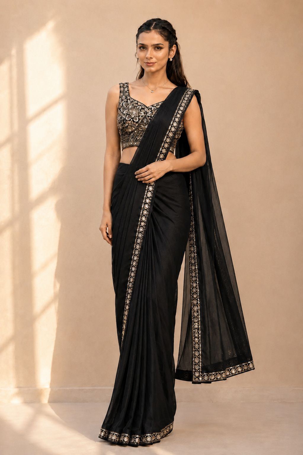 Black Lycra Pre-Draped Saree with Embroidered Border With Ready To Wear Blouse