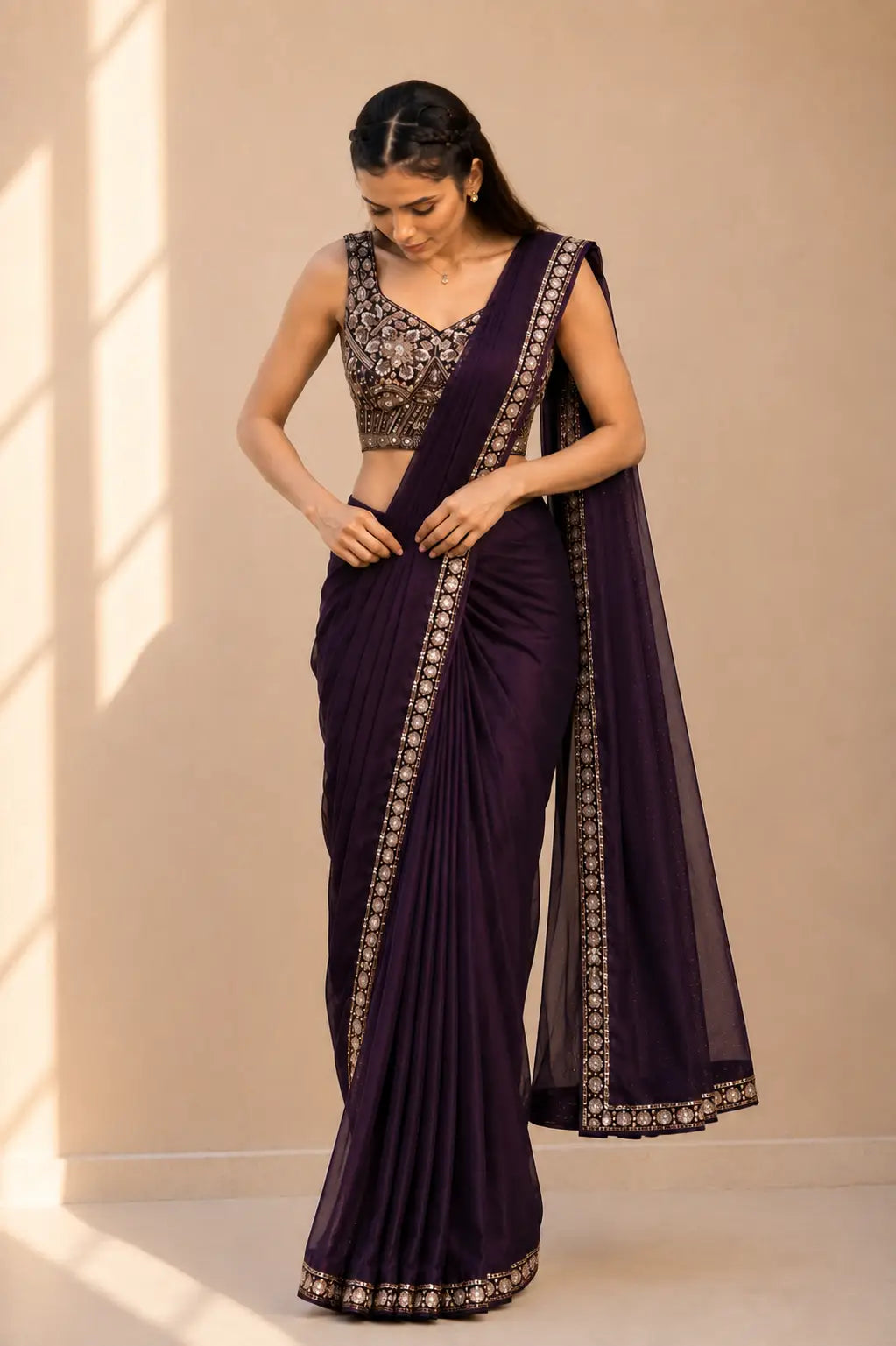 Dark Purple Lycra Pre-Draped Saree with Embroidered Border With Designer Ready To Wear Blouse