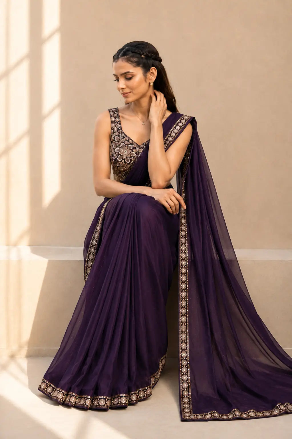 Dark Purple Lycra Pre-Draped Saree with Embroidered Border With Designer Ready To Wear Blouse