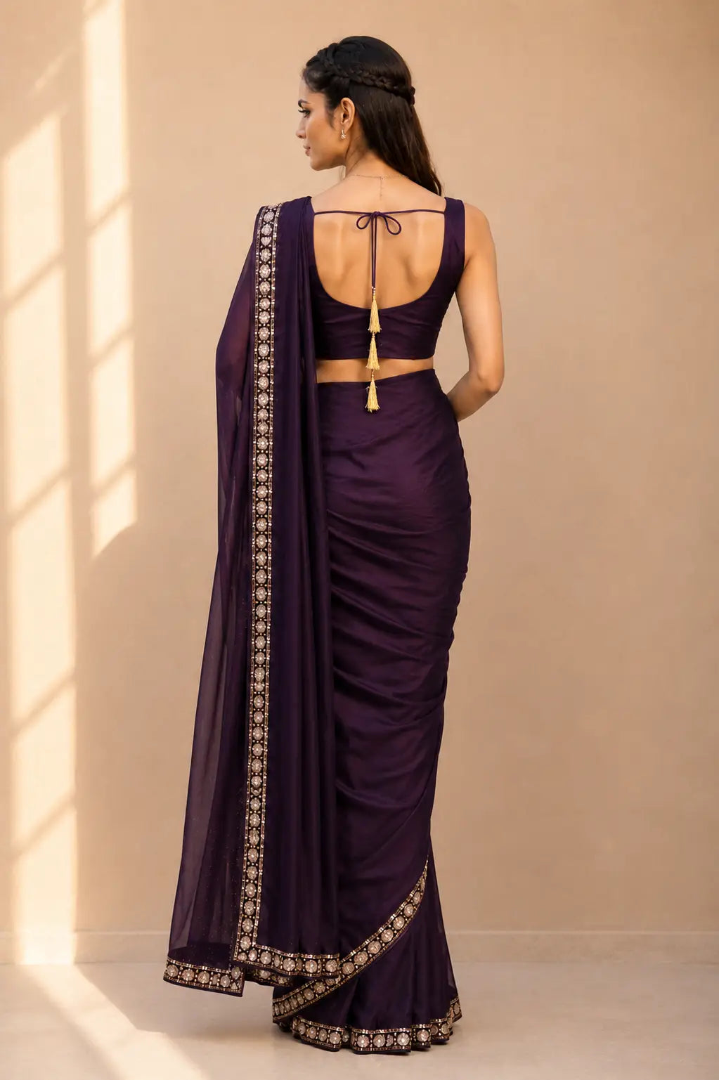 Dark Purple Lycra Pre-Draped Saree with Embroidered Border With Designer Ready To Wear Blouse