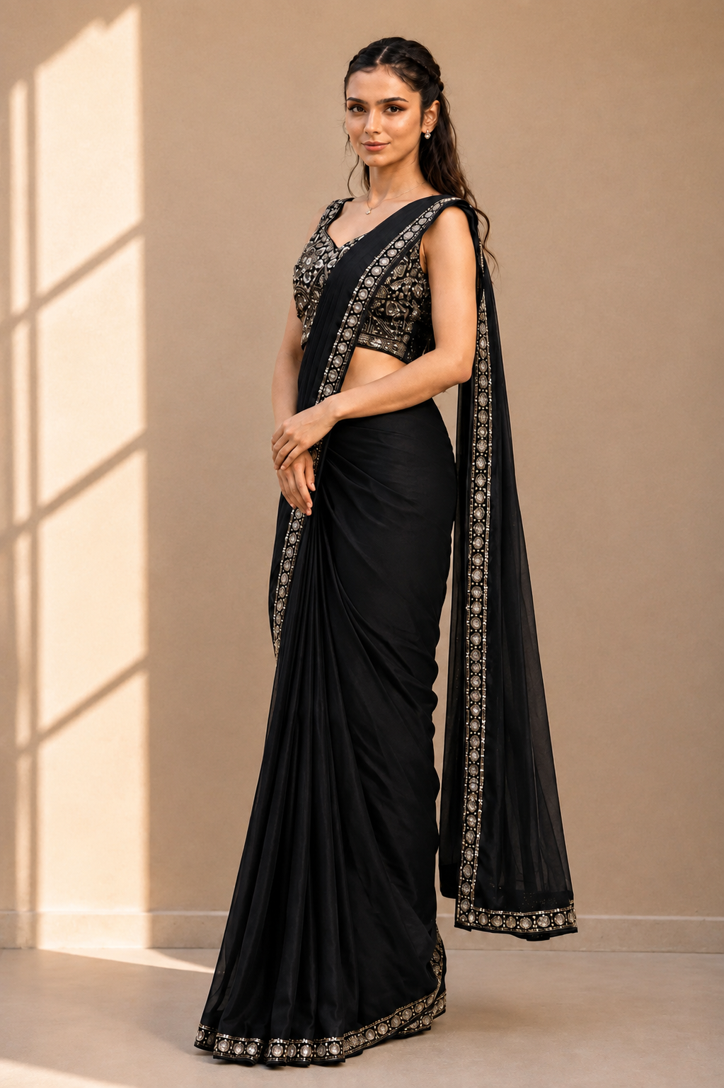 Black Lycra Pre-Draped Saree with Embroidered Border With Ready To Wear Blouse