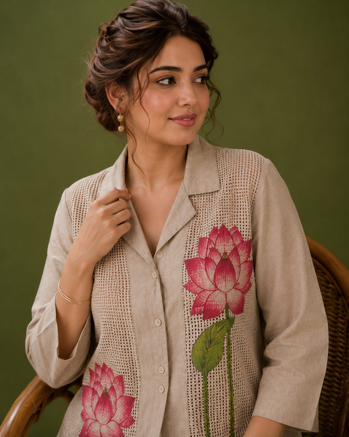 Beige Linen Co-ord Set with Floral Embroidered Designer Work