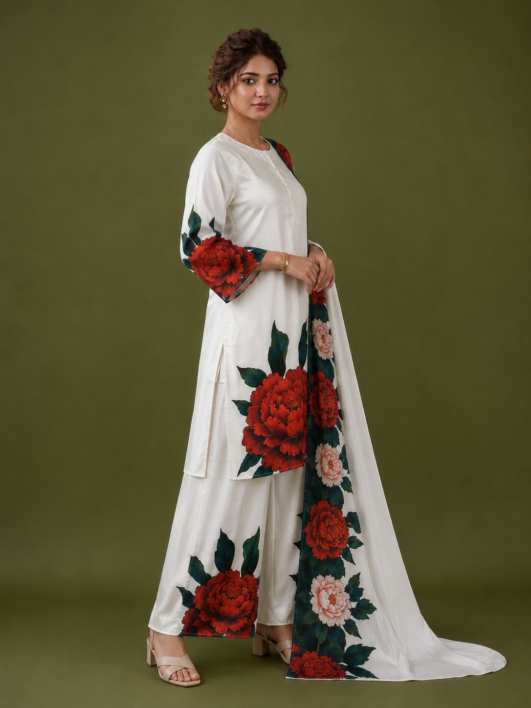 White Satin Silk Kurta Set with Floral Digital Print