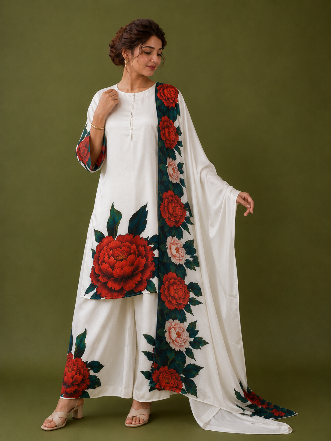 White Satin Silk Kurta Set with Floral Digital Print