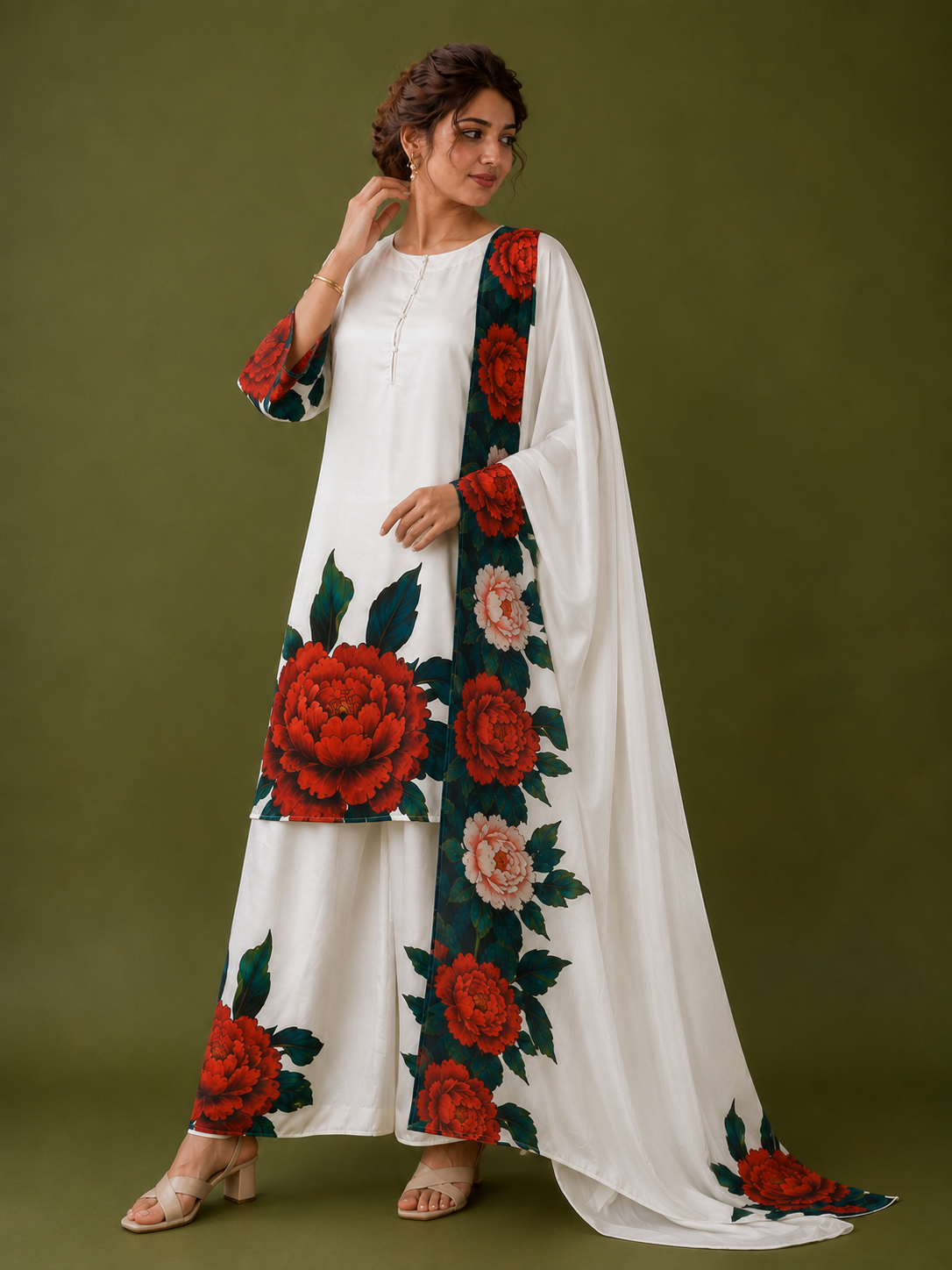 White Satin Silk Kurta Set with Floral Digital Print