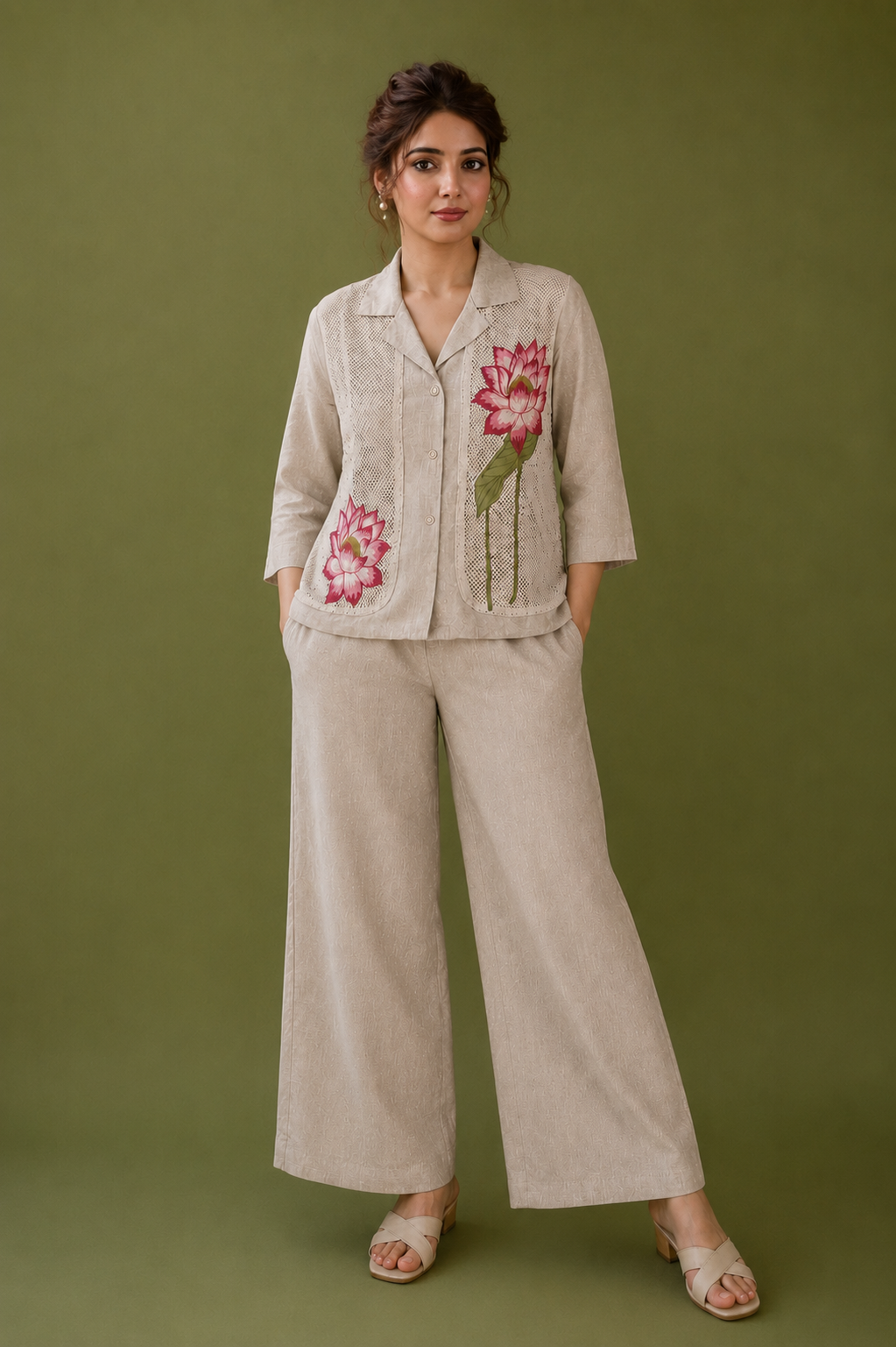 Beige Linen Co-ord Set with Floral Embroidered Designer Work