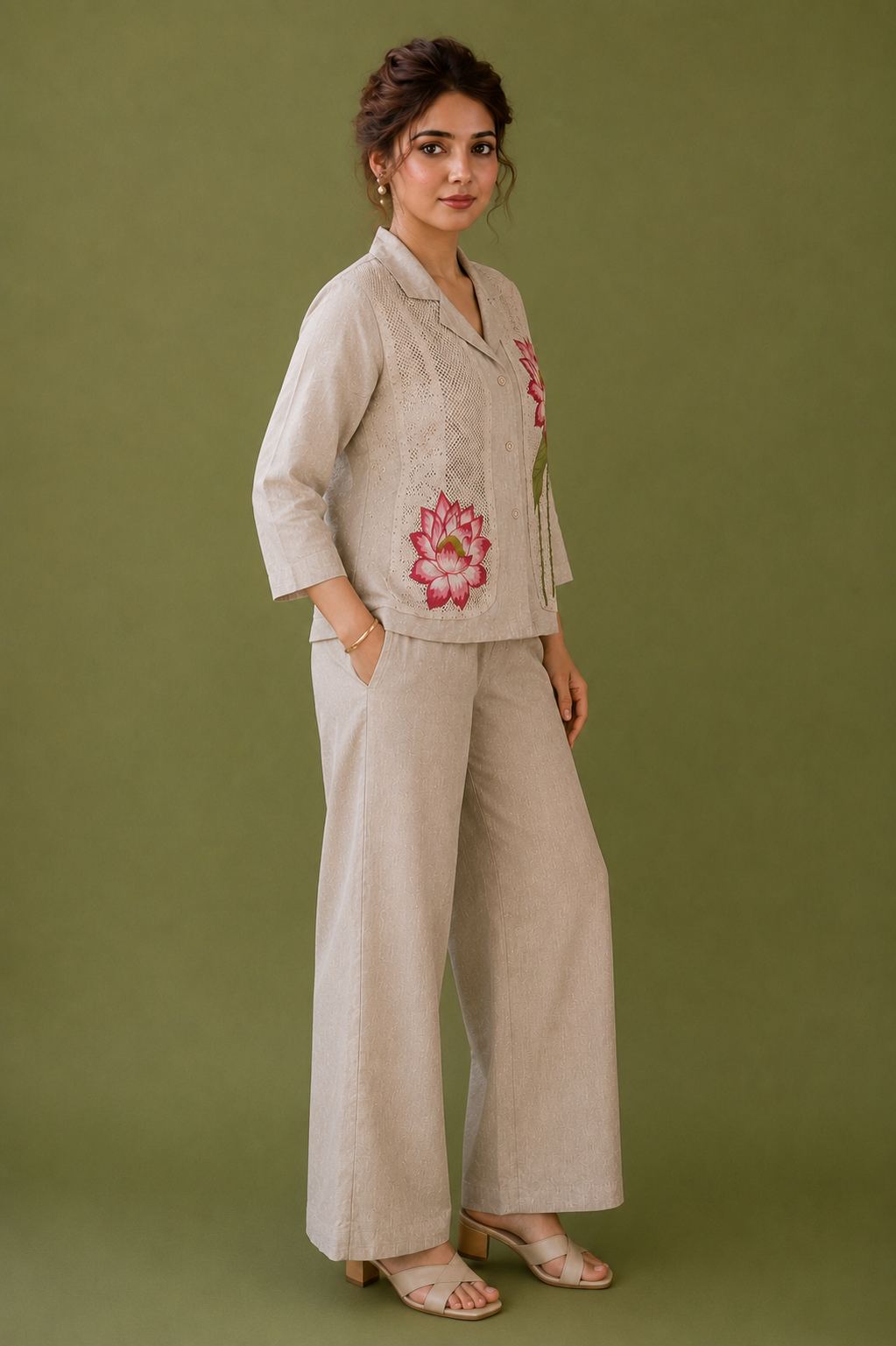 Beige Linen Co-ord Set with Floral Embroidered Designer Work