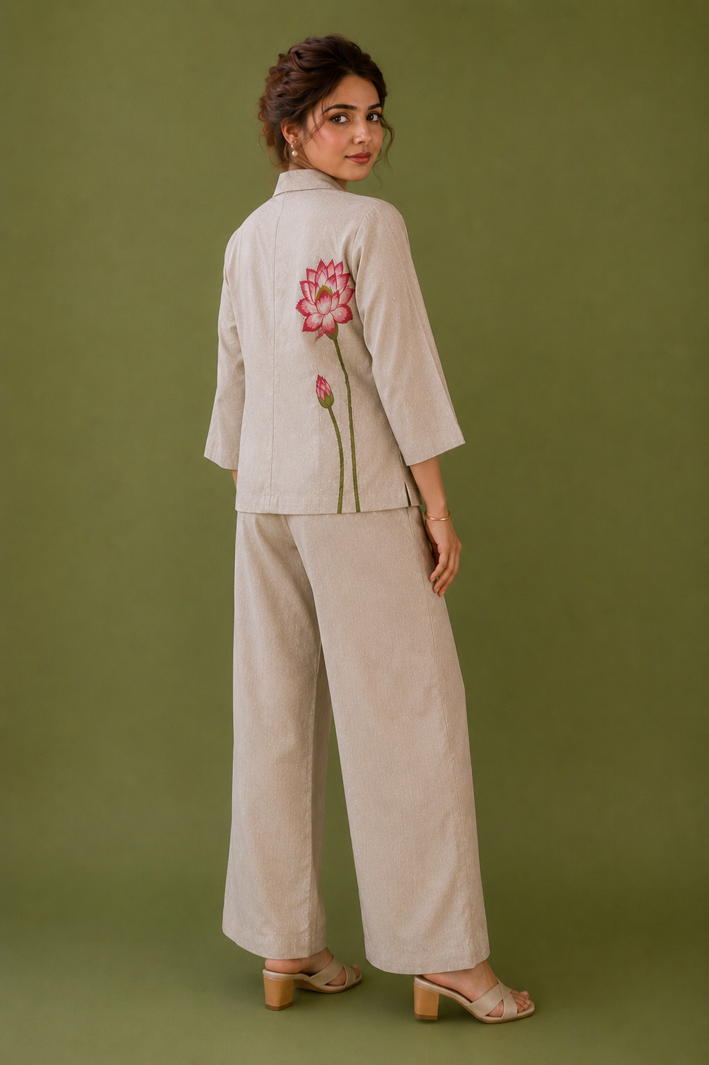 Beige Linen Co-ord Set with Floral Embroidered Designer Work