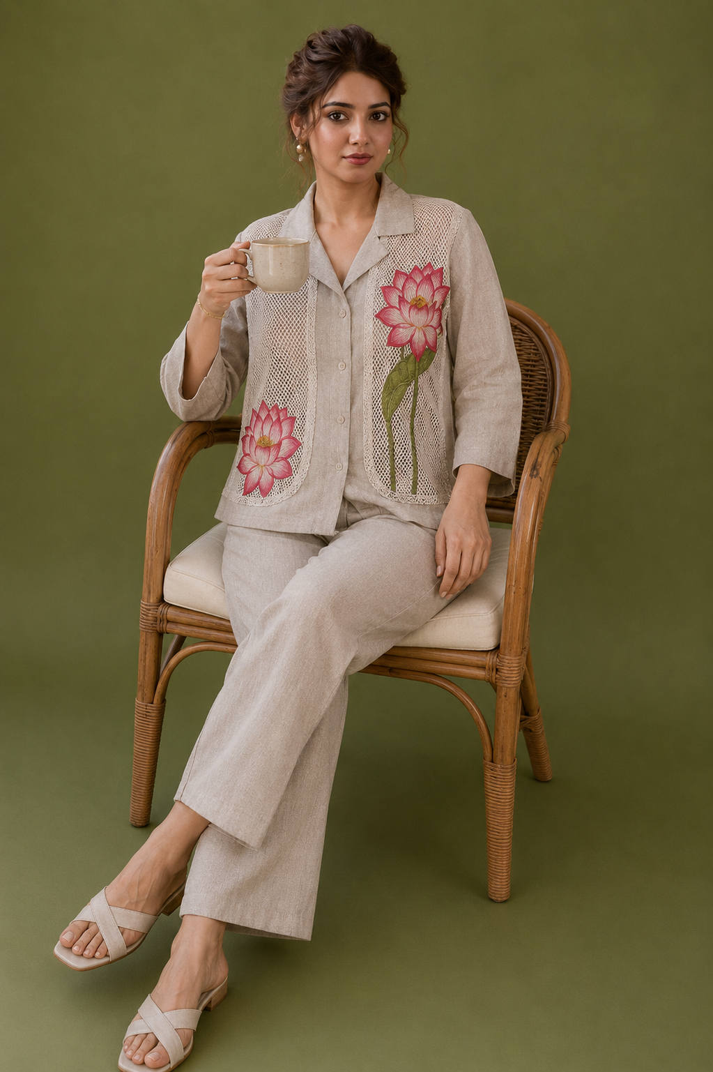 Beige Linen Co-ord Set with Floral Embroidered Designer Work