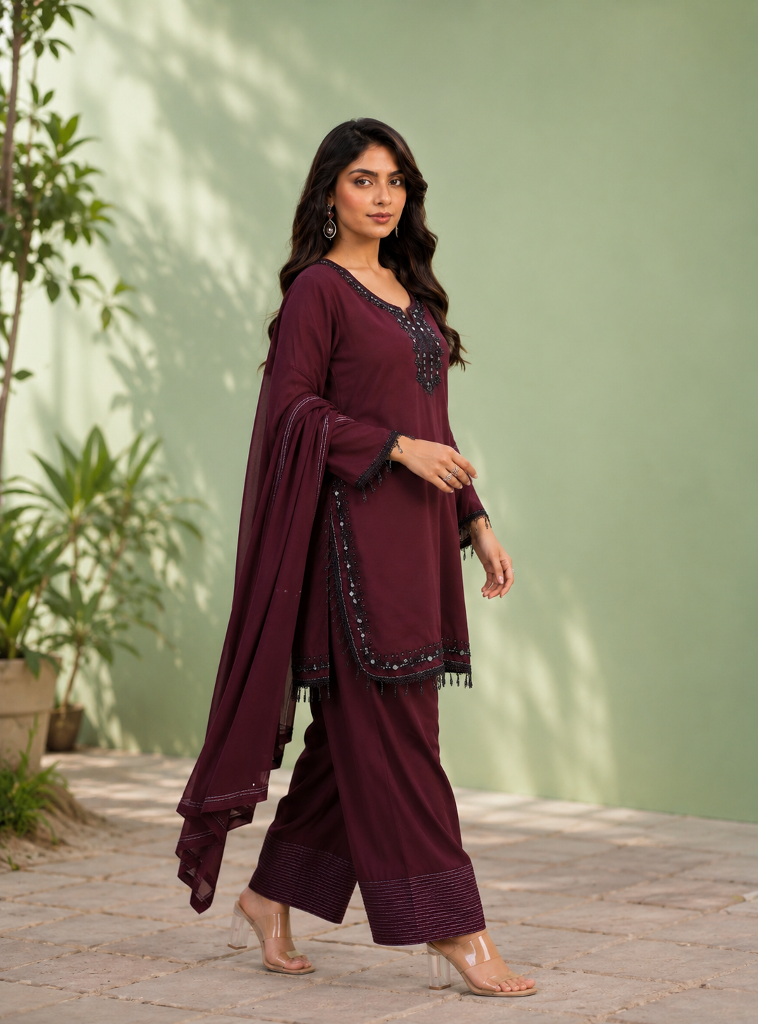 Wine Purple Silk Farsi Set with Embroidered Designer Work