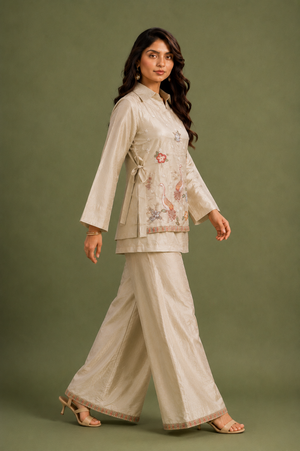 Ivory Chinon Silk 3 Piece Cord Set with Floral & Bird Embroidery