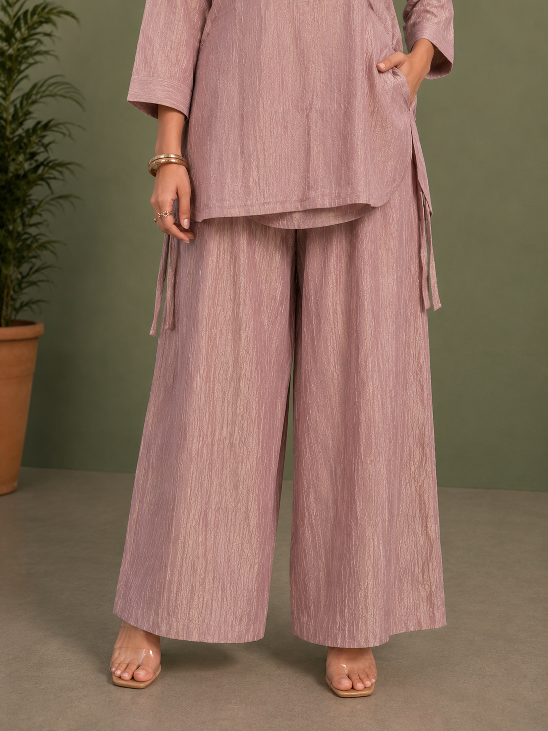 Dusty Pink Chinon Silk 3 Piece Cord Set with Bead & Sequin Work