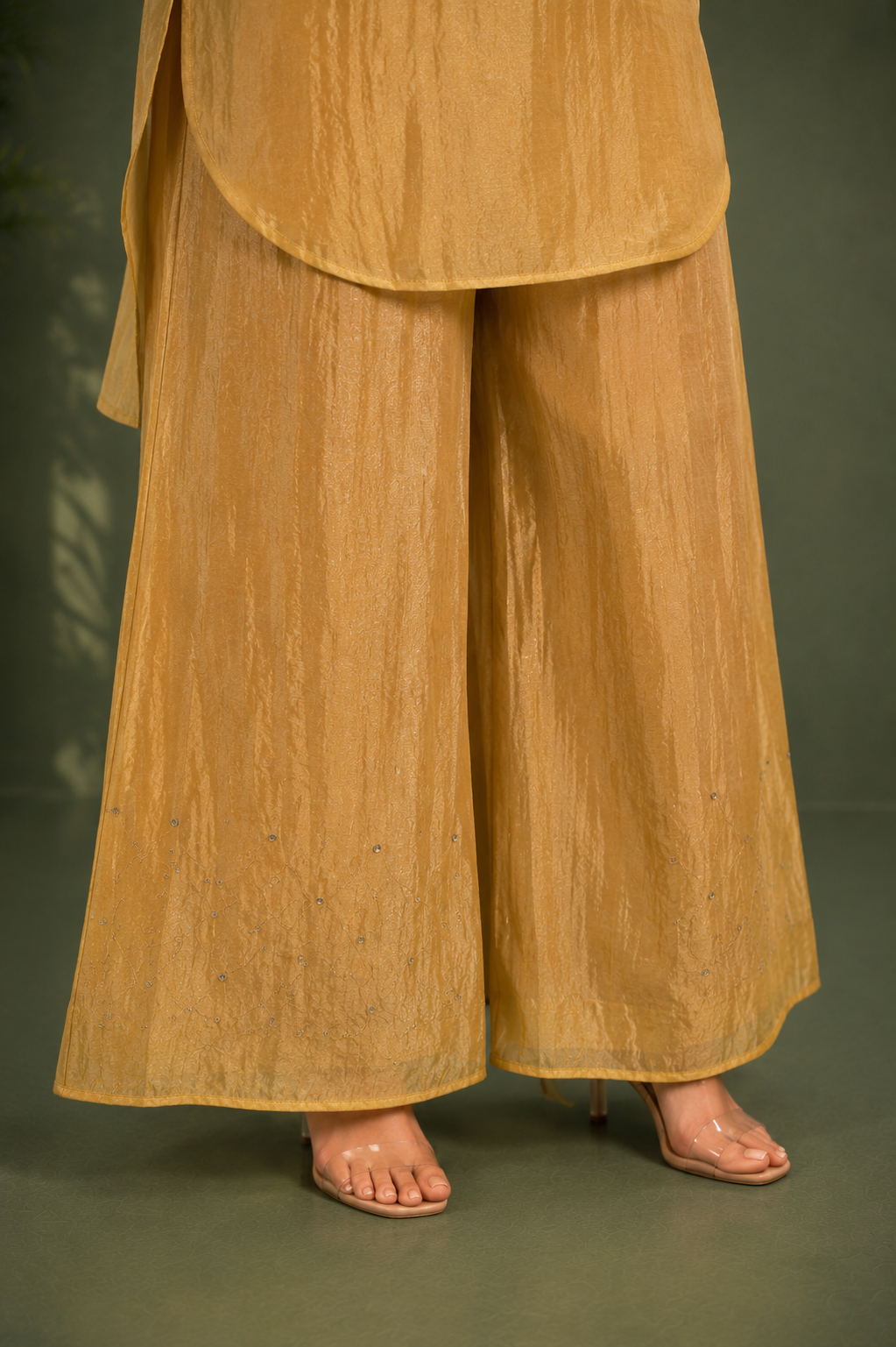 Mustard Organza Cord Set With Hand Embroidered