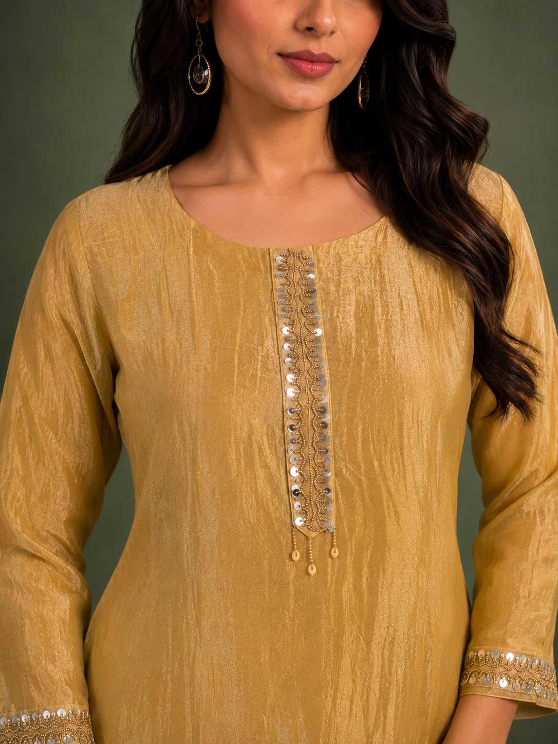 Mustard Organza Cord Set With Hand Embroidered