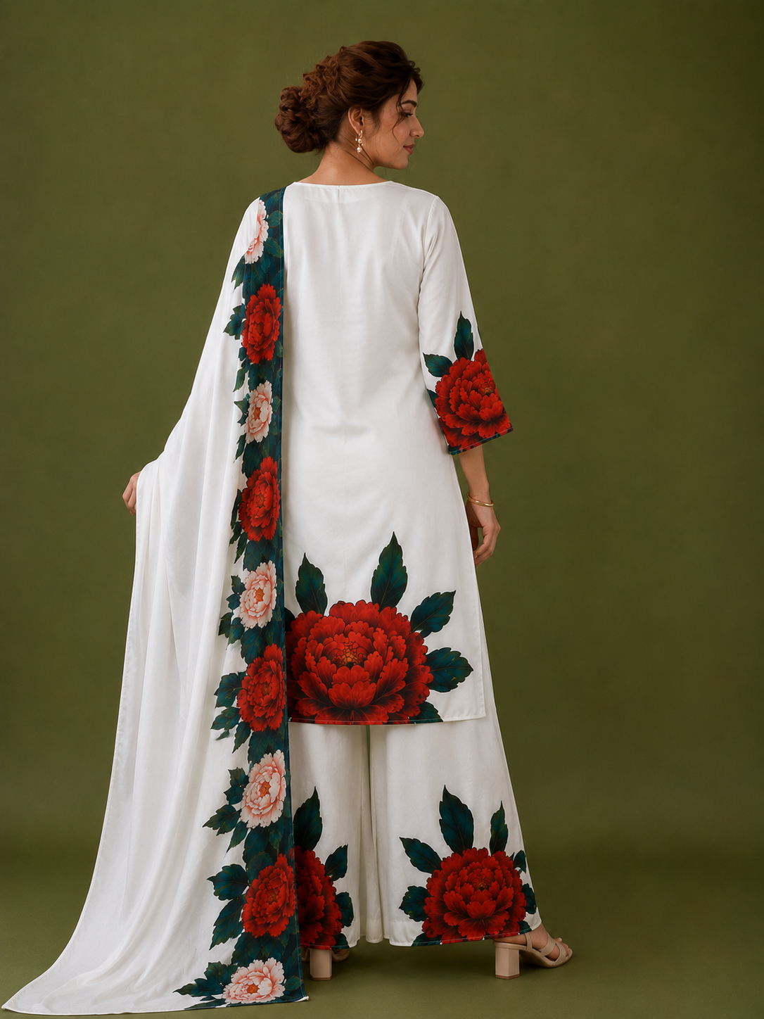 White Satin Silk Kurta Set with Floral Digital Print