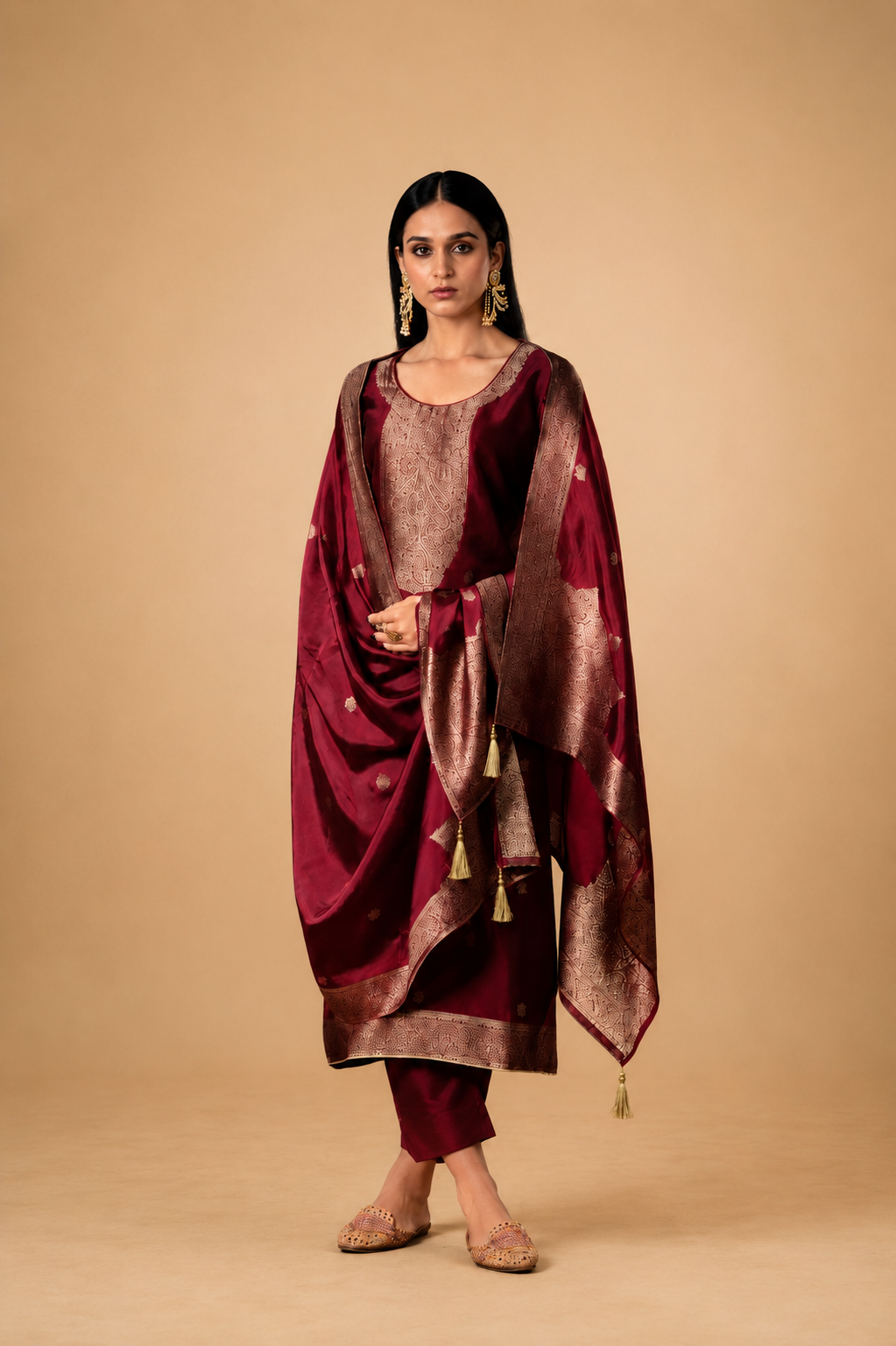 Wine Maroon Premium Viscose Woven Silk Jacquard Suit Set with Hand Work Design