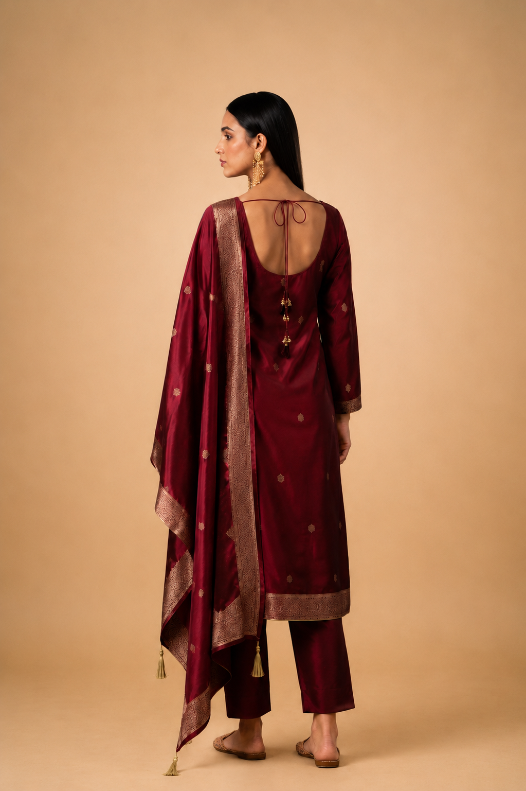Wine Maroon Premium Viscose Woven Silk Jacquard Suit Set with Hand Work Design