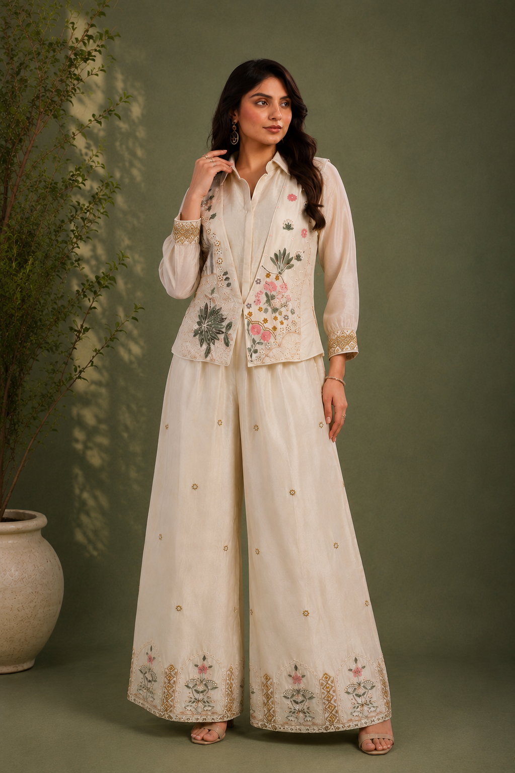 Off White Chinon Silk 3 Piece Cord Set with Hand Embroidered Jacket